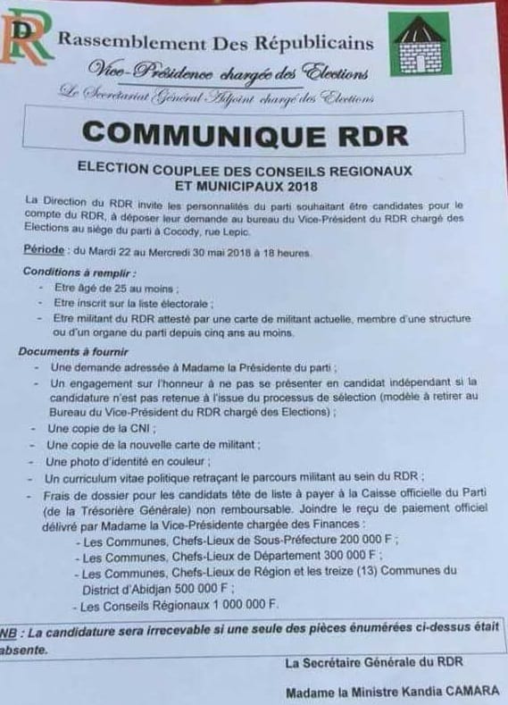 Le communiqué du RDR signé de Kandia Camara, la secrétaire générale