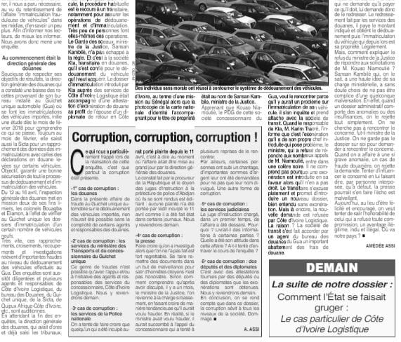 Un article de Fraternité Matin qui parle de corruption de journalistes, dans le dossier GUA, sans apporter la moindre preuve
