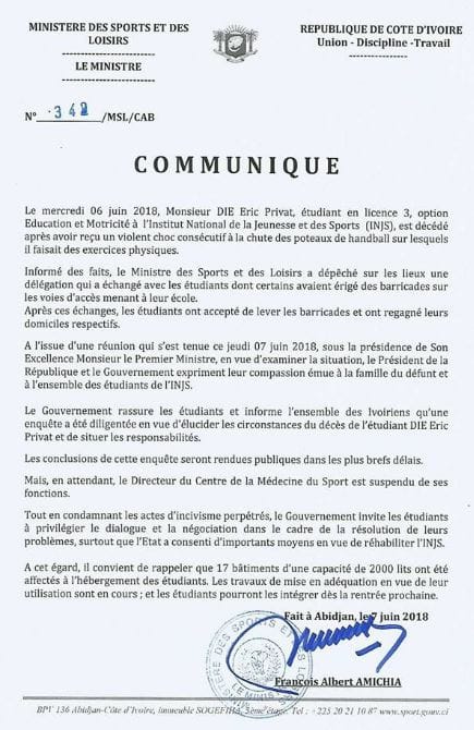 Communiqué du ministre des Sports, François Albert Amichia