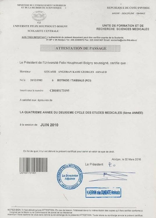 Copie de l'attestation de réussite de la 6è année d'Angoran