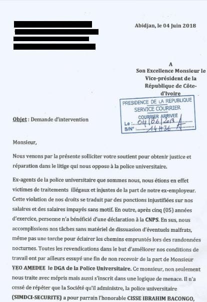 Fac similé d'un courrier pour intervention, adressé au vice-président de la République