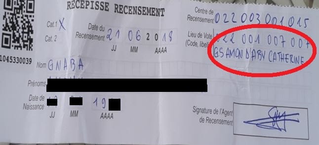 Image d'un récépissé d'enrôlement de la CEI