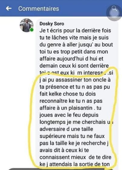 Capture d'écran du commentaire de Dosky Soro