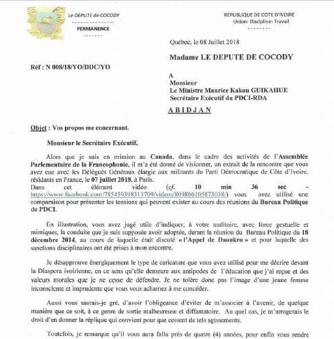 Un extrait du courrier de Yasmina Ouégnin adressé à Maurice Kakou Guikahué