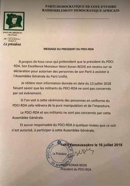 Le bon communiqué de Bédié rendu public quelques minutes après que ses services se sont aperçus des erreurs