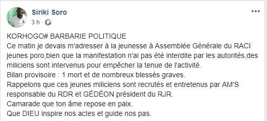 Le post de Siriki Soro de la Jeunesse du RACI