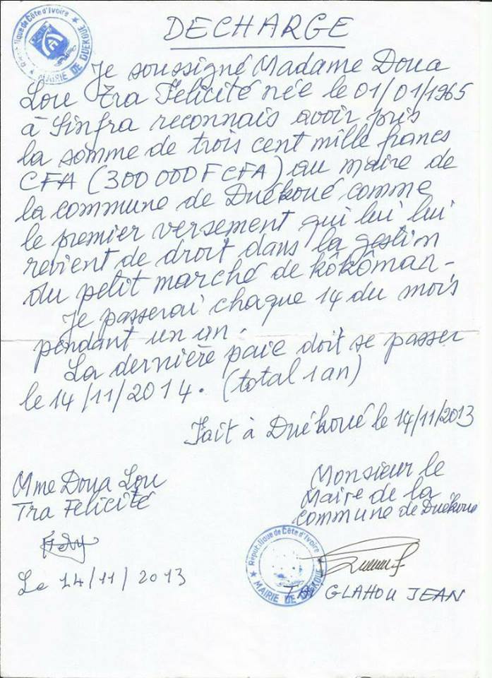 La décharge manuelle co-signée par le maire et la promotrice