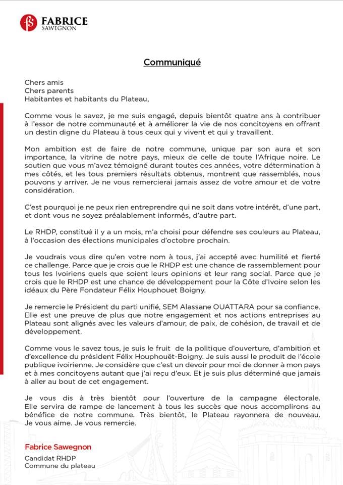 Fabrice Sawegnon candidat RHDP sans avoir déposé de dossiers dans ce sens
