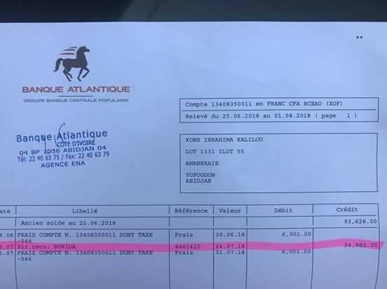 Le reçu de payement de Fadal Dey