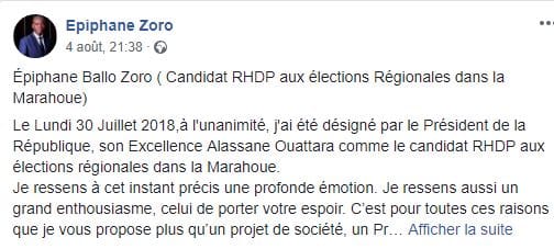 Le post d'Epiphane Zorro Bi s'autoproclamant candidat du RHDP, sans l'avis des autres partis