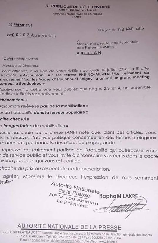 Fraternité Matin épinglé par l'ex-CNP