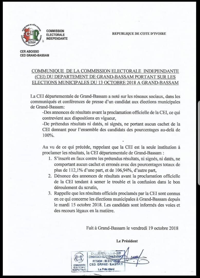 La CEI départementale de Grand-Bassam a produit un communiqué truffé de contre-vérités et non assumé par un président qui refuse de donner son nom
