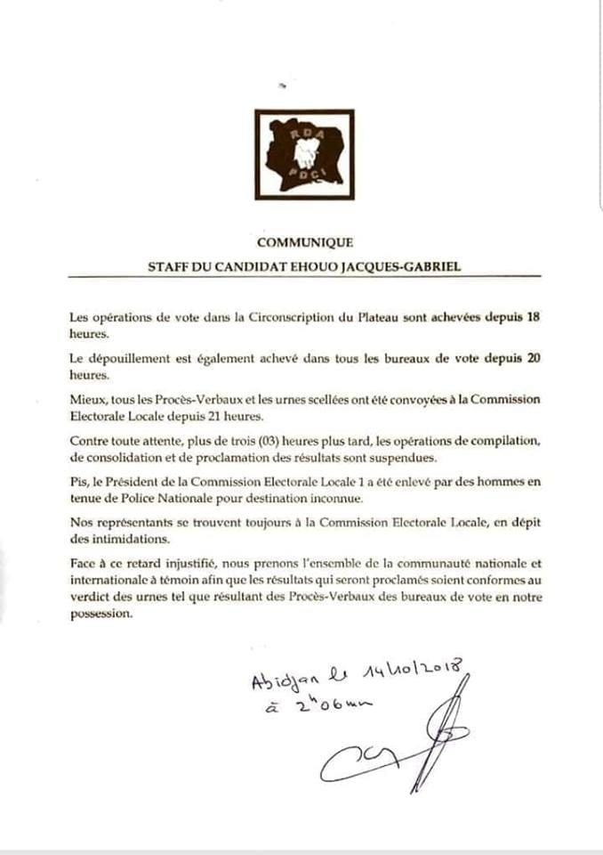 Communiqué du staff de Jacques Ehouo