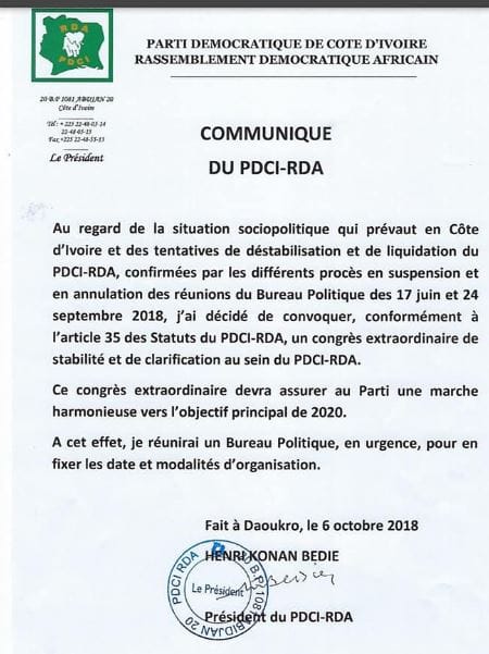 Courrier d'Henri Konan Bédié évoquant un congrès extraordinaire