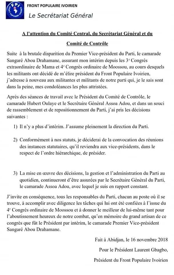 Le communiqué attribué à Laurent Gbagbo, annulant l'intérim au FPI