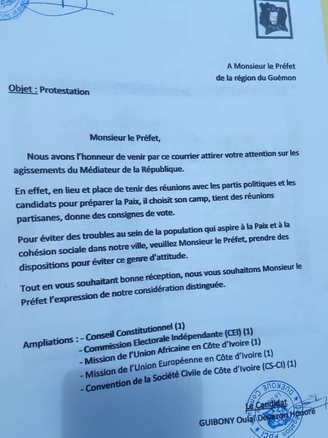 Courrier de protestation du candidat Honoré Guibony