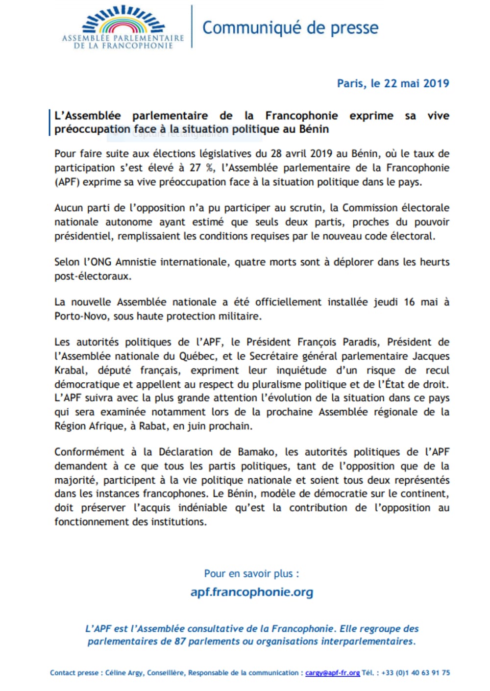 Communiqué l'APF