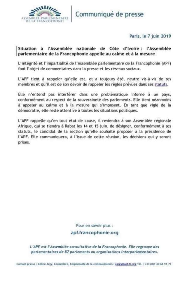 Situation à l'Assemblée Nationale de Côte d'Ivoire: L'Assemblée parlementaire de la Francophonie appel au calme et à la mesure
