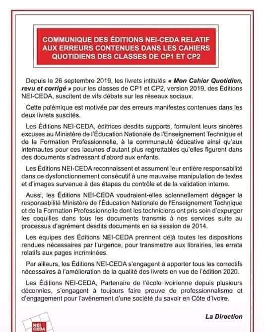 Fautes dans des livrets d'exercices CP1 et CP2: Nei-Ceda ''reconnaît son entière responsabilité''