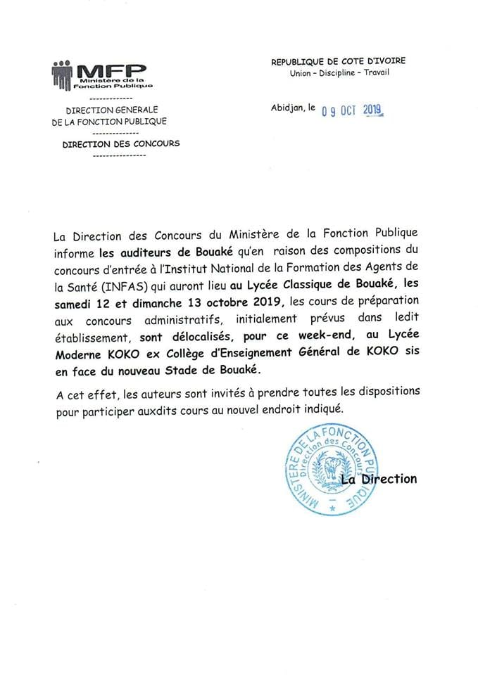 Bouaké: délocalisation des cours de préparation aux concours administratifs 2019