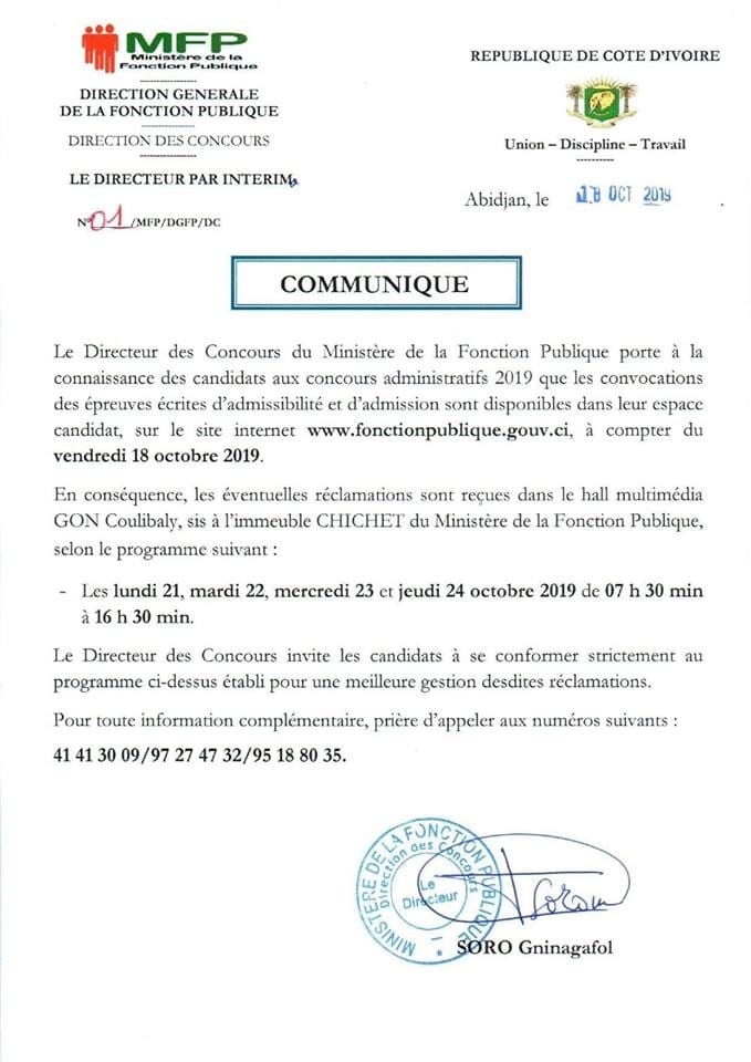 Concours fonctions publique 2019 en Côte d'Ivoire: les convocations sont disponibles