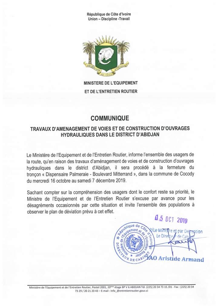 Cocody: Fermeture du tronçon "dispensaire de la Palmeraie-Boulevard Mitterrand"