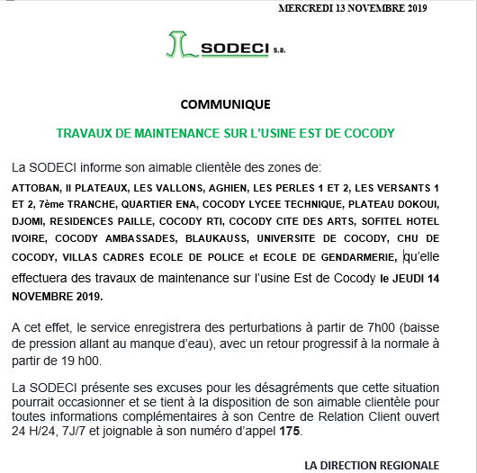 Coupure d'eau à Abidjan ce jeudi 14 novembre 2019