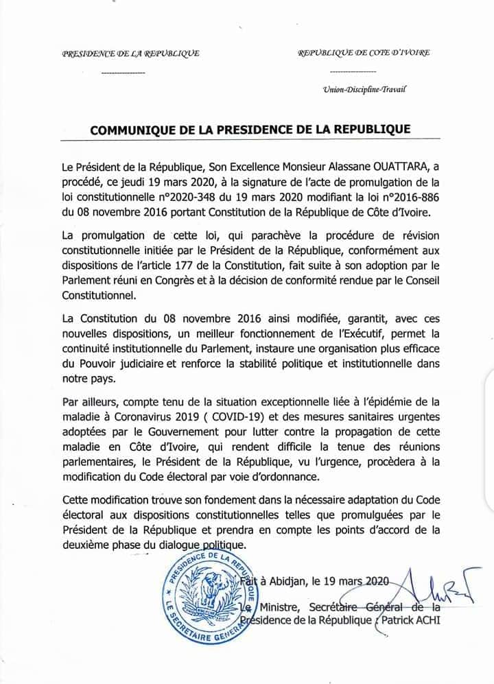 Ouattara profite du Coronavirus pour modifier le code électoral par ordonnance