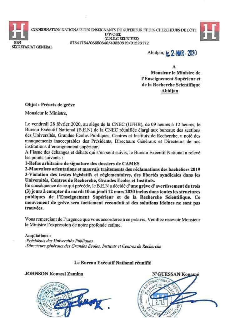 Grève des enseignants à l'université de Côte d'Ivoire le mardi 10 mars 2020