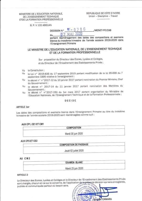 Dates des compositions au primaire Côte d'Ivoire connues