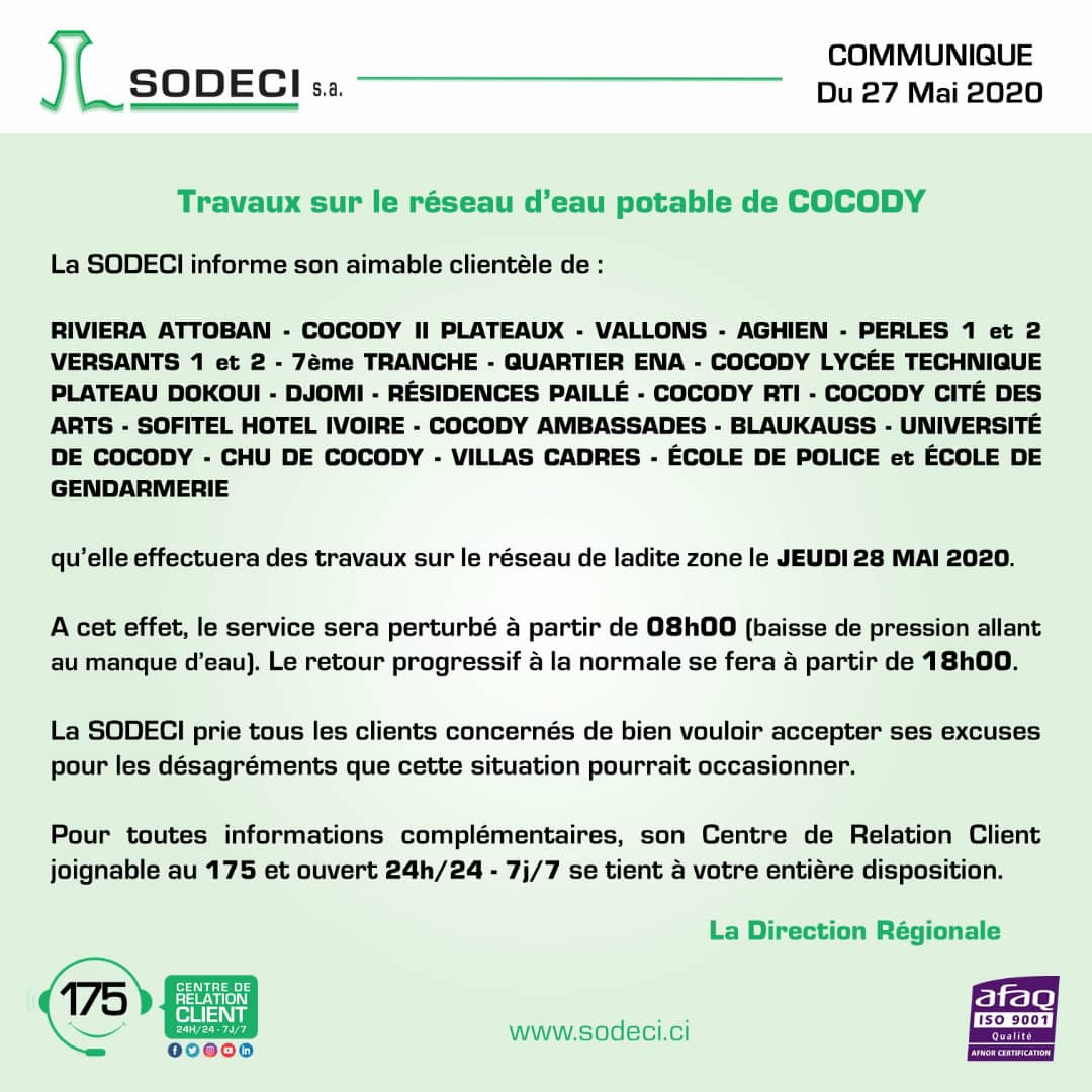 Coupure d'eau à Cocody ce jeudi 28 mai 2020
