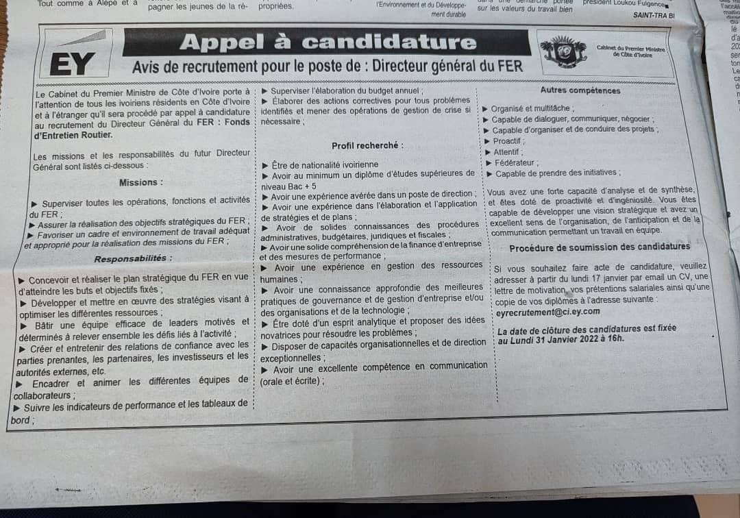 Côte d’Ivoire : Patrick Achi lance un appel à candidature pour le recrutement du DG du FER, les conditions