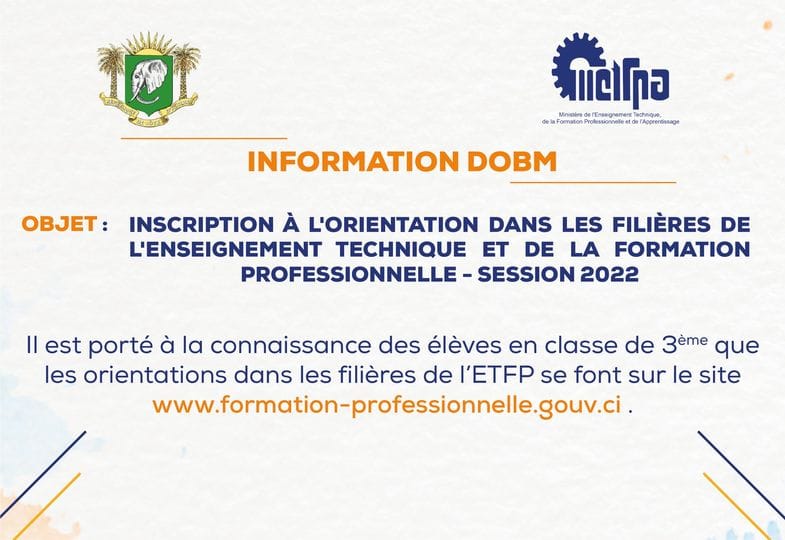 Côte d’Ivoire: Ouverture inscription à l’orientation dans les filières technique et professionnelle