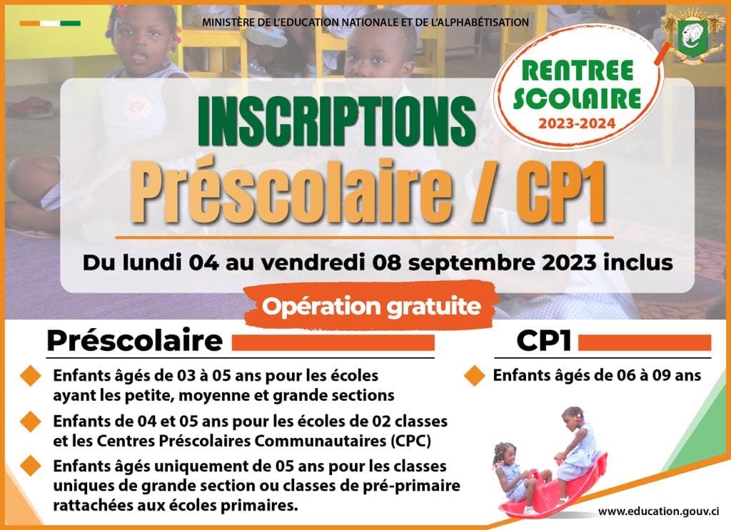 Côte d’Ivoire: début des inscriptions à la Maternelle et au CP1 ce lundi 4 septembre