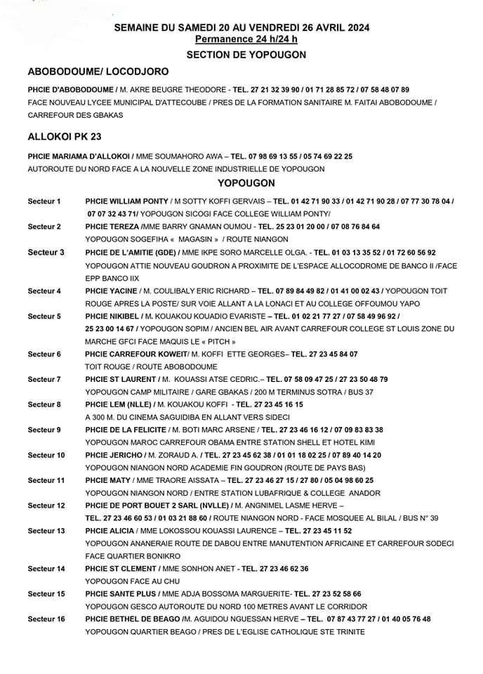 Liste des Pharmacies de garde à Abidjan : Semaine du 20 au 26 avril 2024