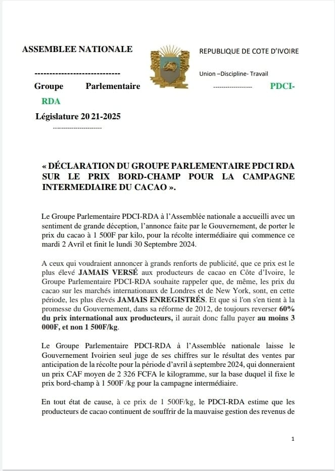 Communiqué du PDCI-RDA relatif au prix du Cacao en Côte d'Ivoire