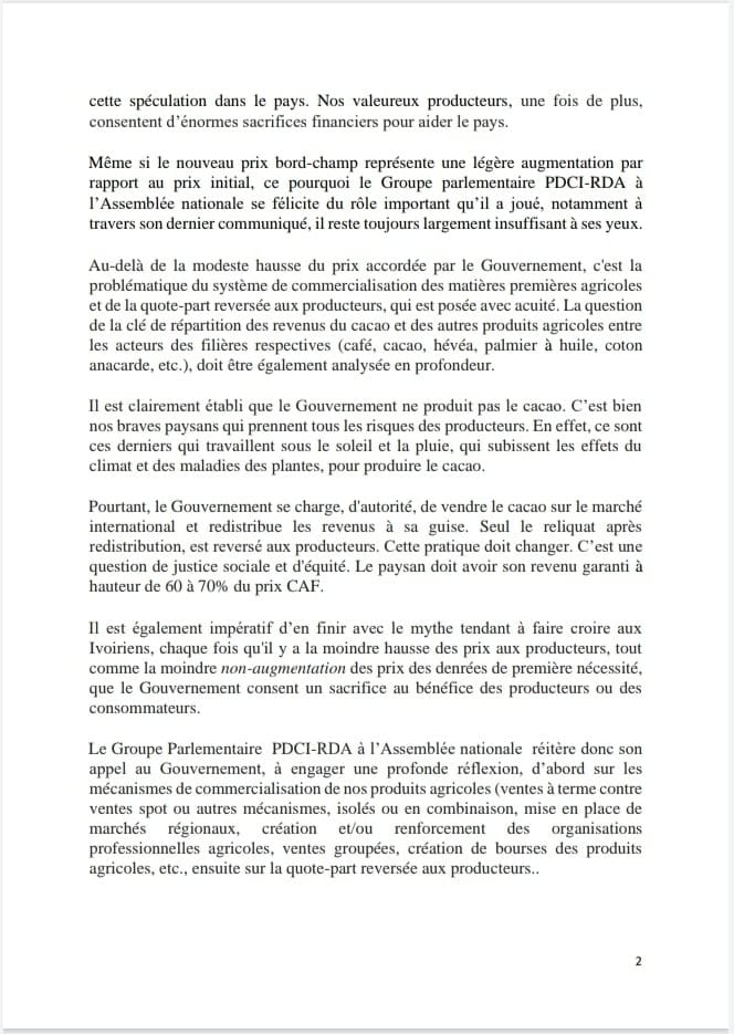 Communiqué du PDCI-RDA relatif au prix du Cacao en Côte d'Ivoire