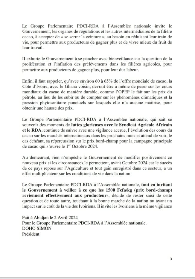 Communiqué du PDCI-RDA relatif au prix du Cacao en Côte d'Ivoire