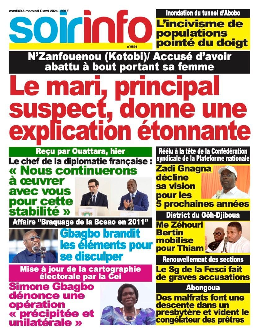 Soir Info, la Une du mardi 9 avril 2024.