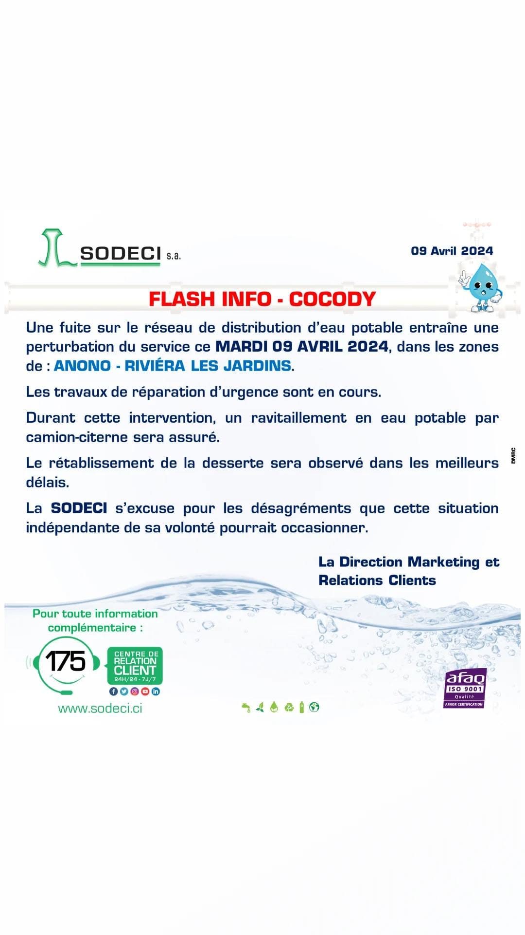 Communiqué du mardi 9 avril 2024 de la SODECI