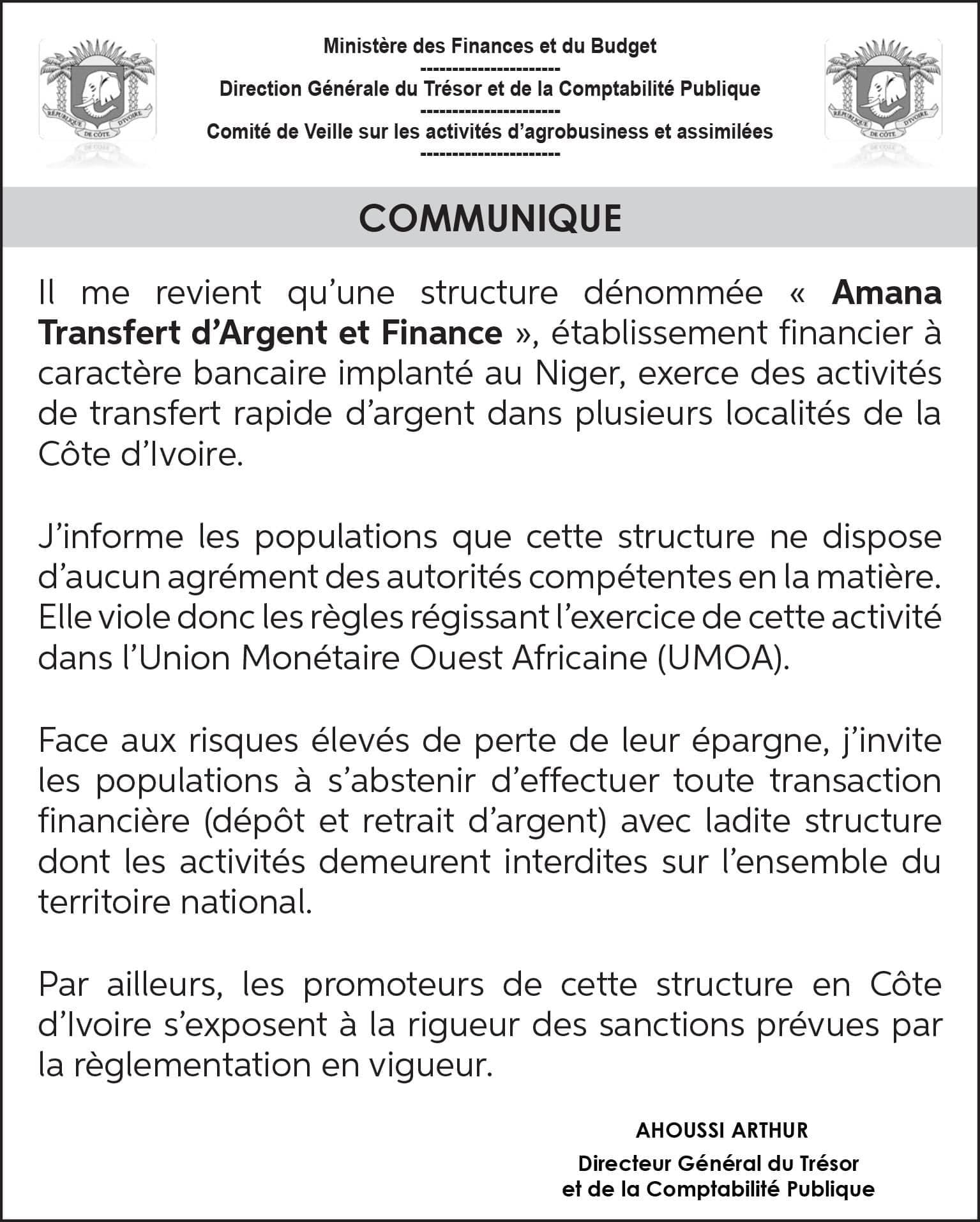 Communiqué du Trésor Public de Côte d'Ivoire