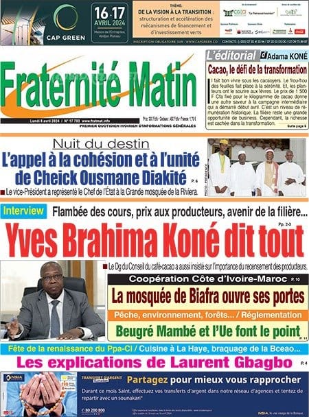 Fraternité Matin, la Une du lundi 8 avril 2024