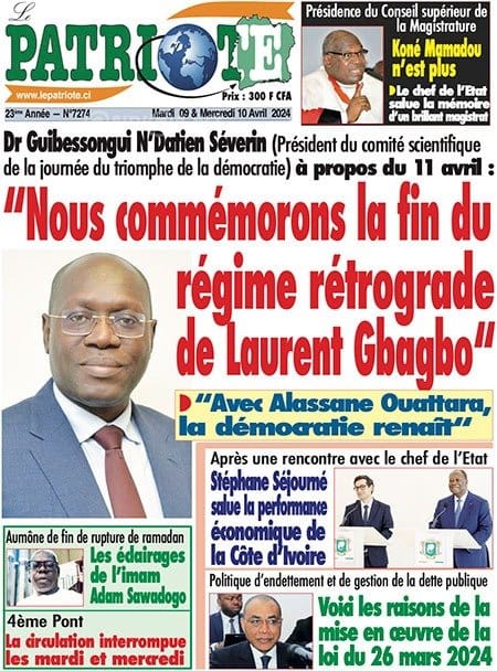 Patriote, la Une du mardi 9 avril 2024.