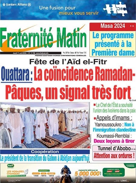 Fraternité Matin, la Une du jeudi 11 avril 2024