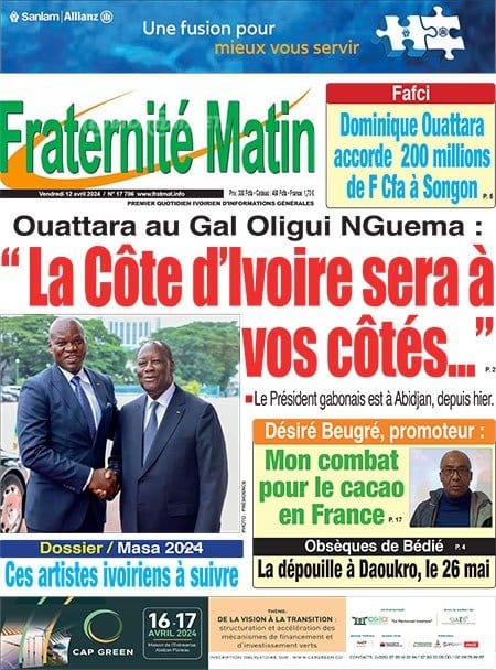 Fraternité Matin, la Une du vendredi 12 avril 2024