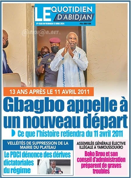 Le Quotidien d'Abidjan, la Une du vendredi 12 avril 2024