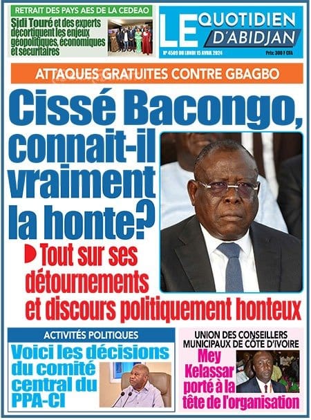 Le Quotidien d'Abidjan, la Une du lundi 15 avril 2024
