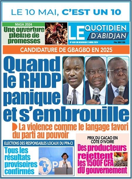 Le Quotidien d'Abidjan, la Une du mercredi 17 avril 2024.