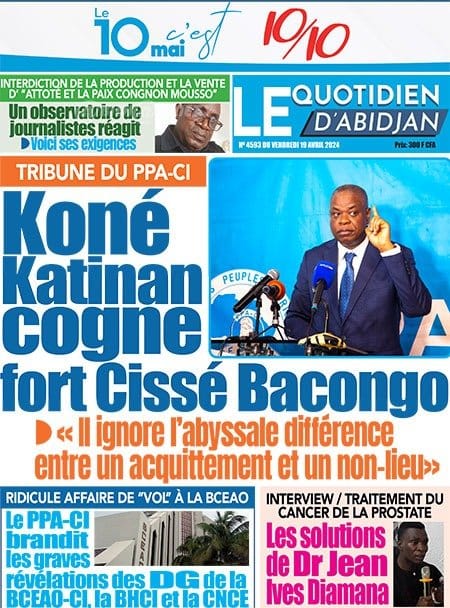 Le Quotidien d'Abidjan, la Une du vendredi 19 avril 2024