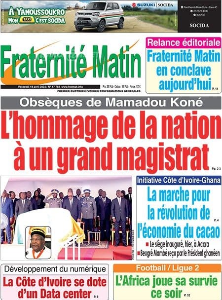 Fraternité Matin, la Une du vendredi 19 avril 2024